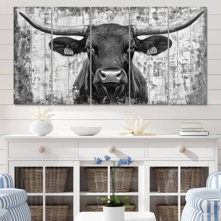 Abstract Longhorn Bull Wall Art Canvas Print - Rustic Texas Western Cow Artwork