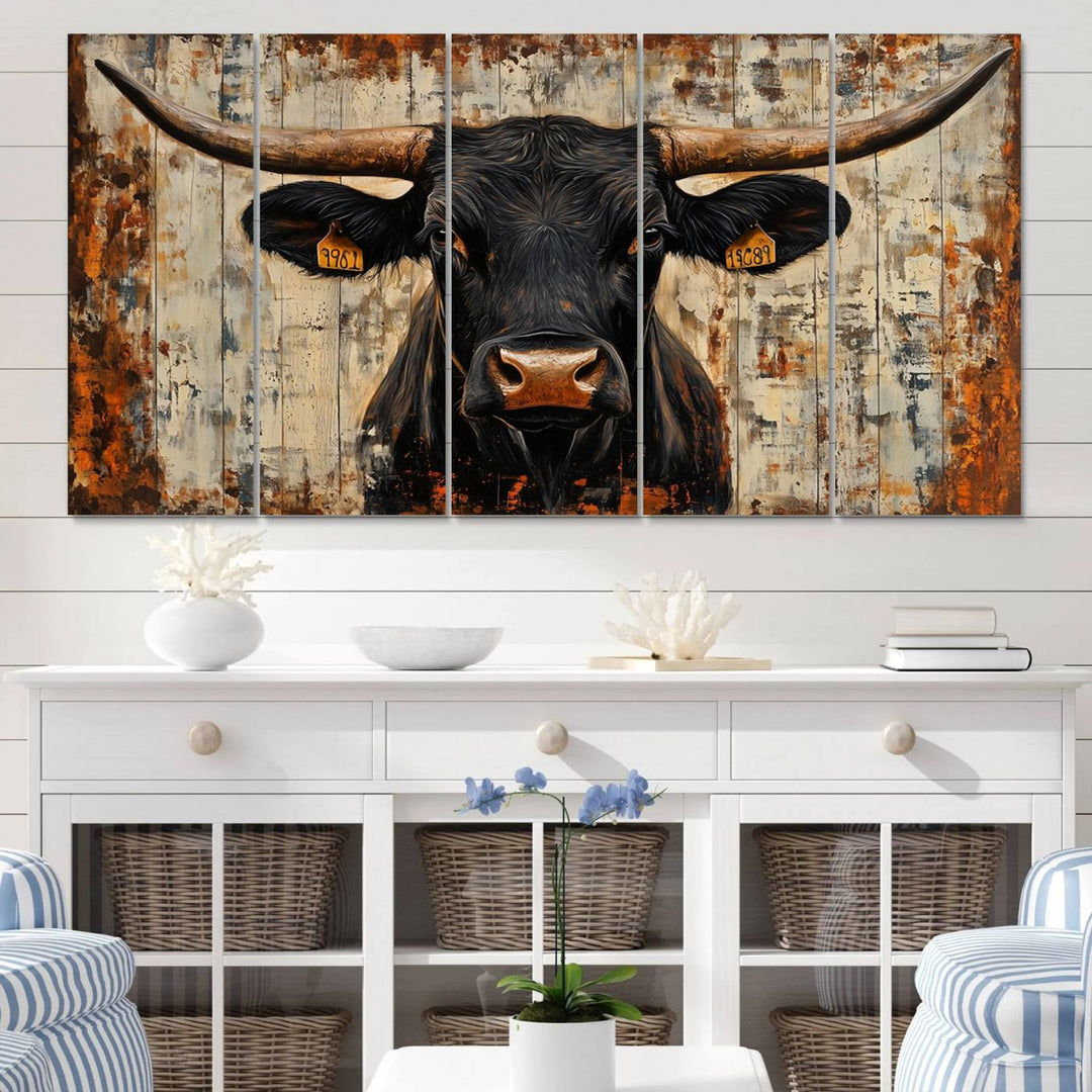 Abstract Cow Longhorn Bull Wall Art Canvas Print - Rustic Texas Western Cattle Artwork