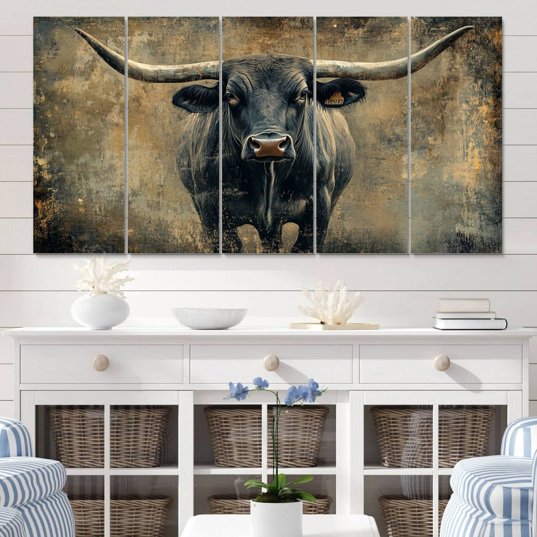 Abstract Cow Longhorn Bull Wall Art Canvas Print - Rustic Texas Western Cattle Artwork