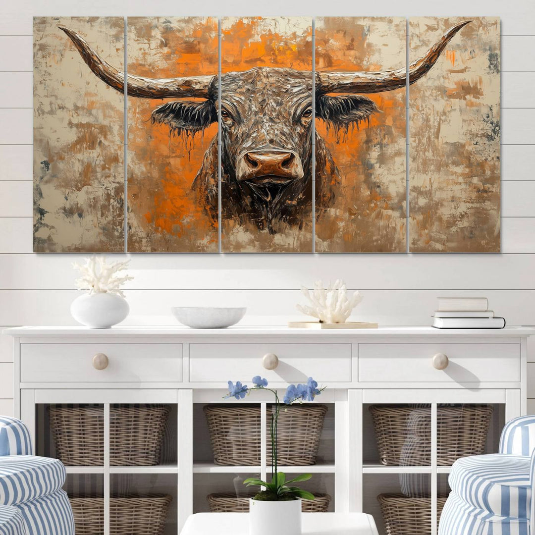 Abstract Cow Longhorn Bull Wall Art Canvas Print - Rustic Texas Western Cattle Artwork