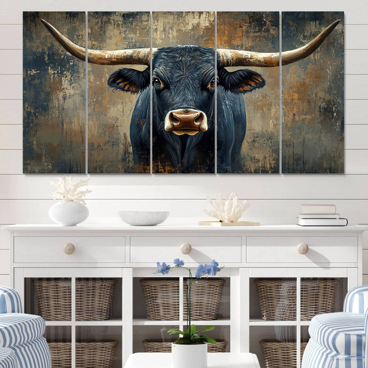 Abstract Cow Longhorn Bull Wall Art Canvas Print - Rustic Texas Western Cattle Artwork