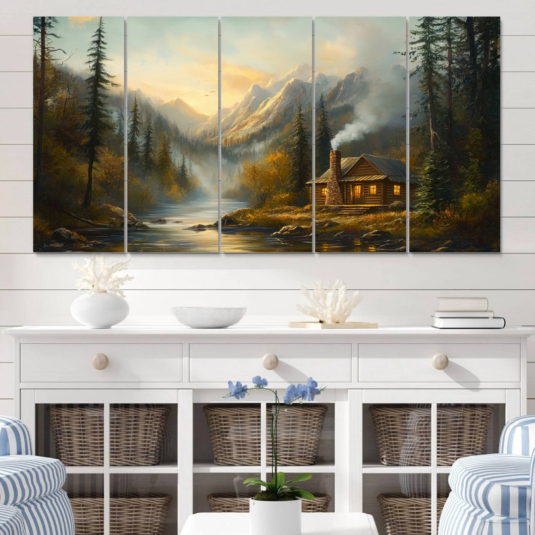 Wood Cabin Retreat Mountain at Sunset Wall Art Print - Serene Forest and River Landscape Wall Art Canvas Print