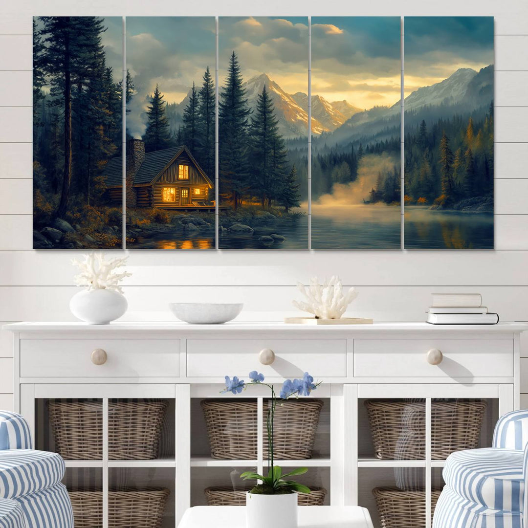 Mountain Cabin by the Lake at Sunset Wall Art - Serene Nature Canvas Print for Living Room Decor, Rustic Lodge Ambiance, 3-Panel Large Wall Art