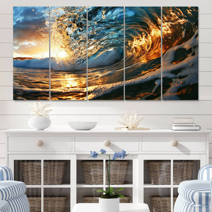 Ocean Wave at Sunset Wall Art | Ready to Hang Triptych Canvas Print | Coastal Wall Art for Living Room | Nautical and Beach House Decor