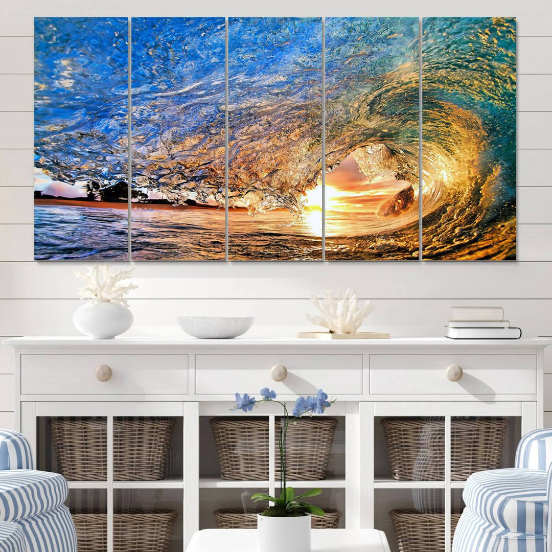 Ocean Wave at Sunset Canvas Print | Large Coastal Ocean Wall Art Print | Vibrant Beach Waves Art Print | Surf Lover Gift | Nautical Decor