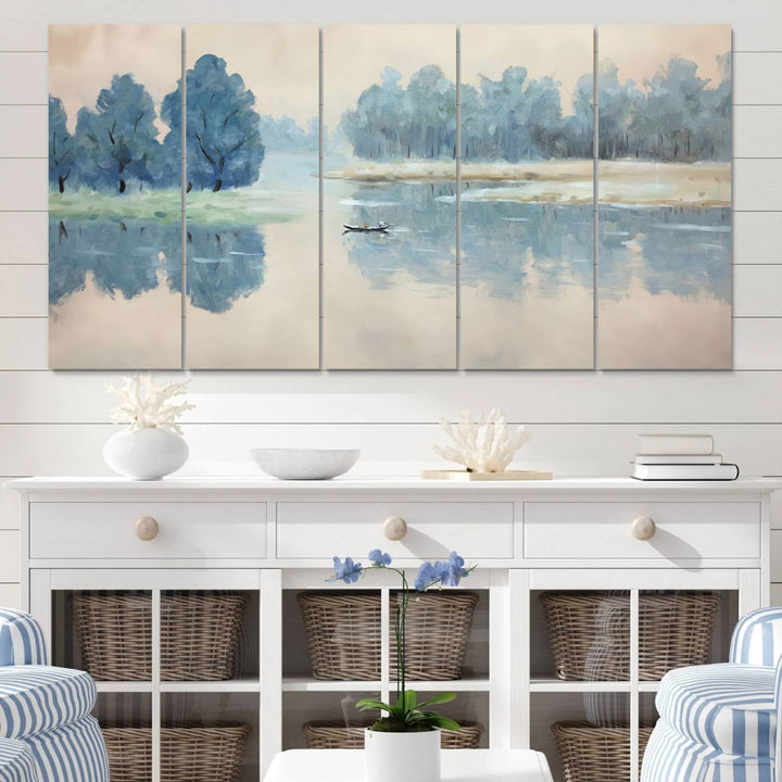 Landscape Printing Lake and Boat Scene | Serene Landscape Wall Art for Nature Lovers | Ready to Hang Triptych Canvas Print | Peaceful Blue Trees and Water Reflection Decor