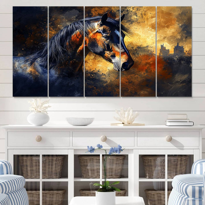 Abstract Horse Art Print on canvas, featuring a colorful background, perfect for rustic farmhouse or equestrian decor.