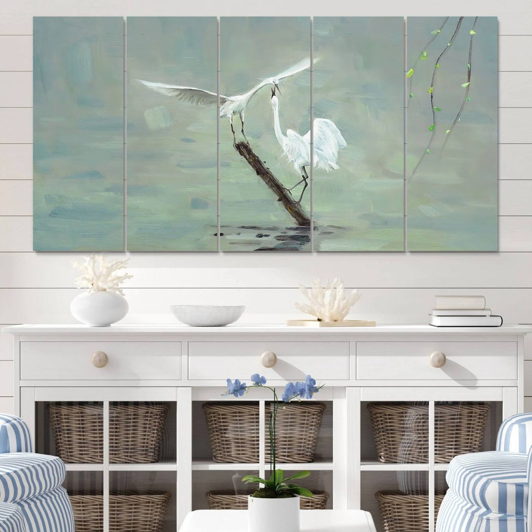 Elegant White Herons on Calm Waters | Coastal Wall Art for Nature-Inspired Decor | Serene Triptych Canvas Print | Ready to Hang Bird-Themed Art for Home Decor