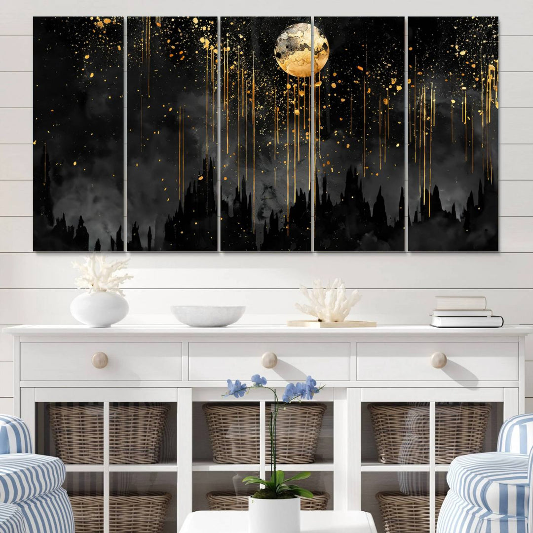 Gold Moon and Black Skyline Abstract Wall Art | Dark Modern Canvas Print with Dripping Gold Accents | Triptych Contemporary Homes