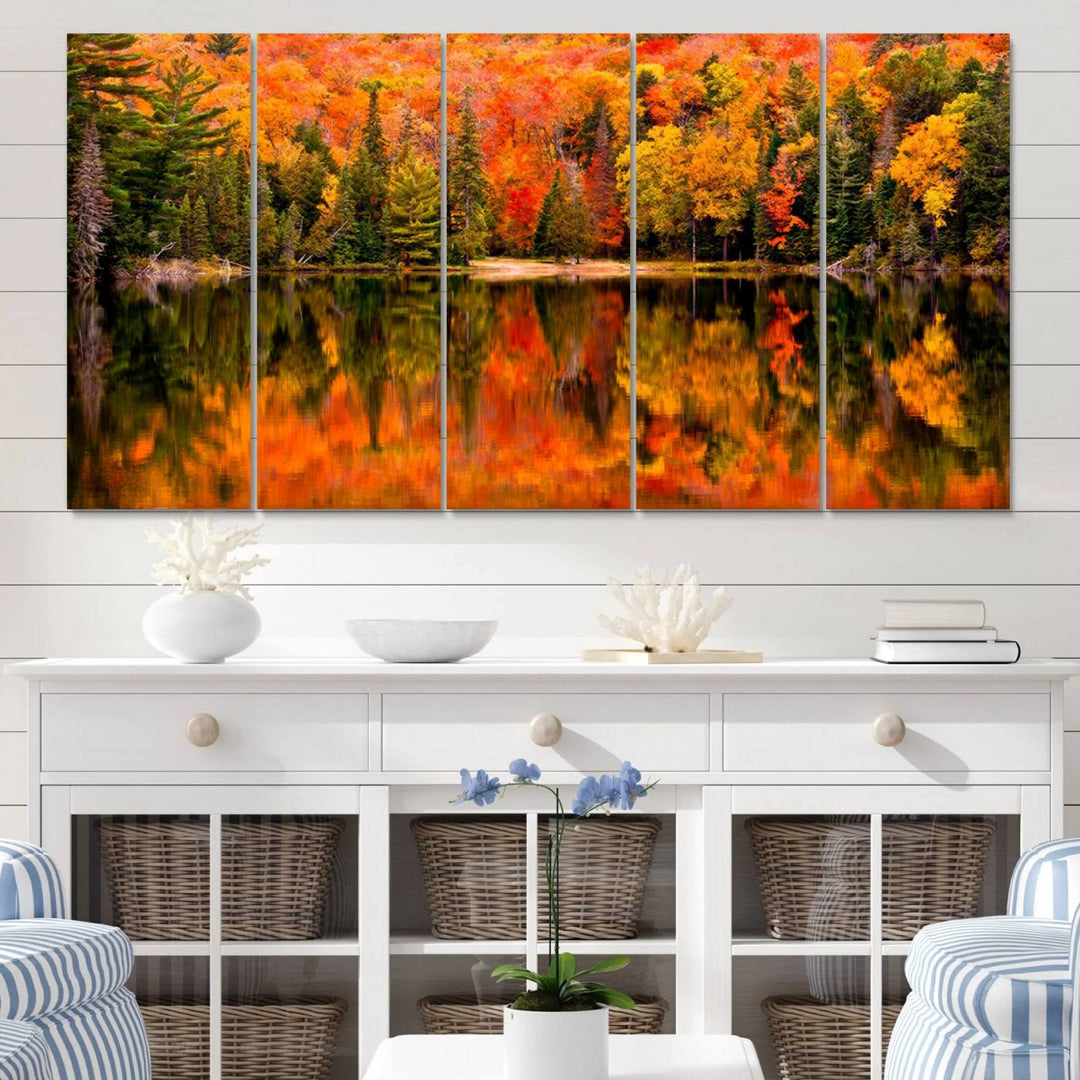 Autumn Forest Reflection Wall Art | Triptych Canvas Print | Vibrant Fall Foliage Wall Decor | Nature-Inspired Cabin Wall Art for Living Room