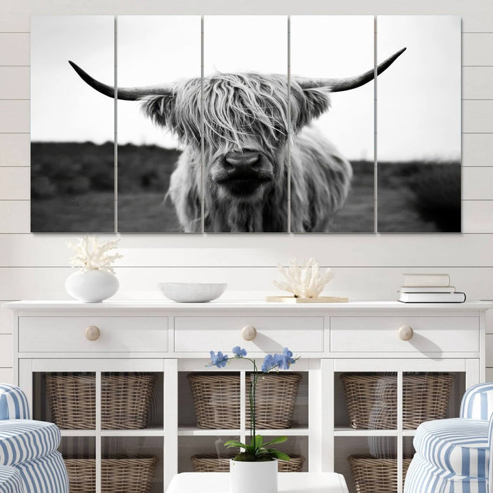 Highland Cow Wall Art | Black and White Farmhouse Decor | Ready to Hang Triptych Canvas Print | Rustic Barn Decor | Scottish Highland Cattle Art Print