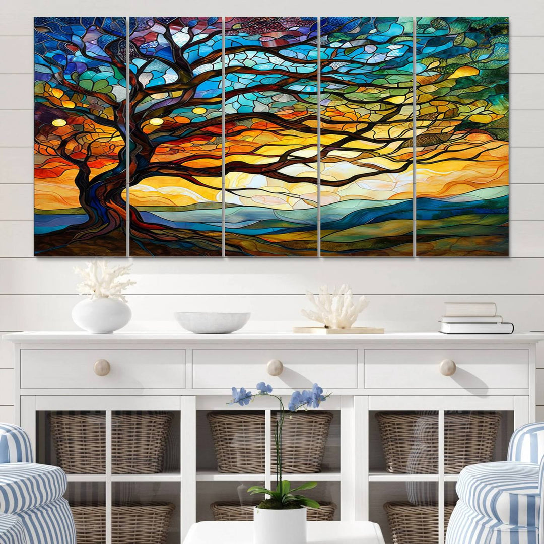 Mosaic Tree Wall Art | Ready to Hang Stained Glass Style Canvas Print | Farmhouse Wall Decor, Cabin Wall Art, and Unique Nature Home Decor