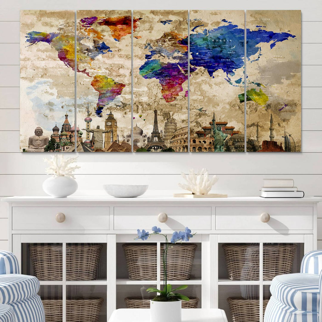 Framed World Map Canvas Print with Landmarks | Multi-Panel Wall Art | Ready to Hang Decor for Living Room, Office | Global Travel Wall Art | Vibrant Landmark Design