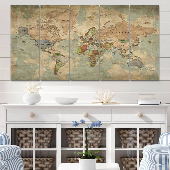 Vintage World Map Canvas Wall Art – Antique Triptych Map Print – Rustic Global Decor for Living Room or Office – Ready to Hang