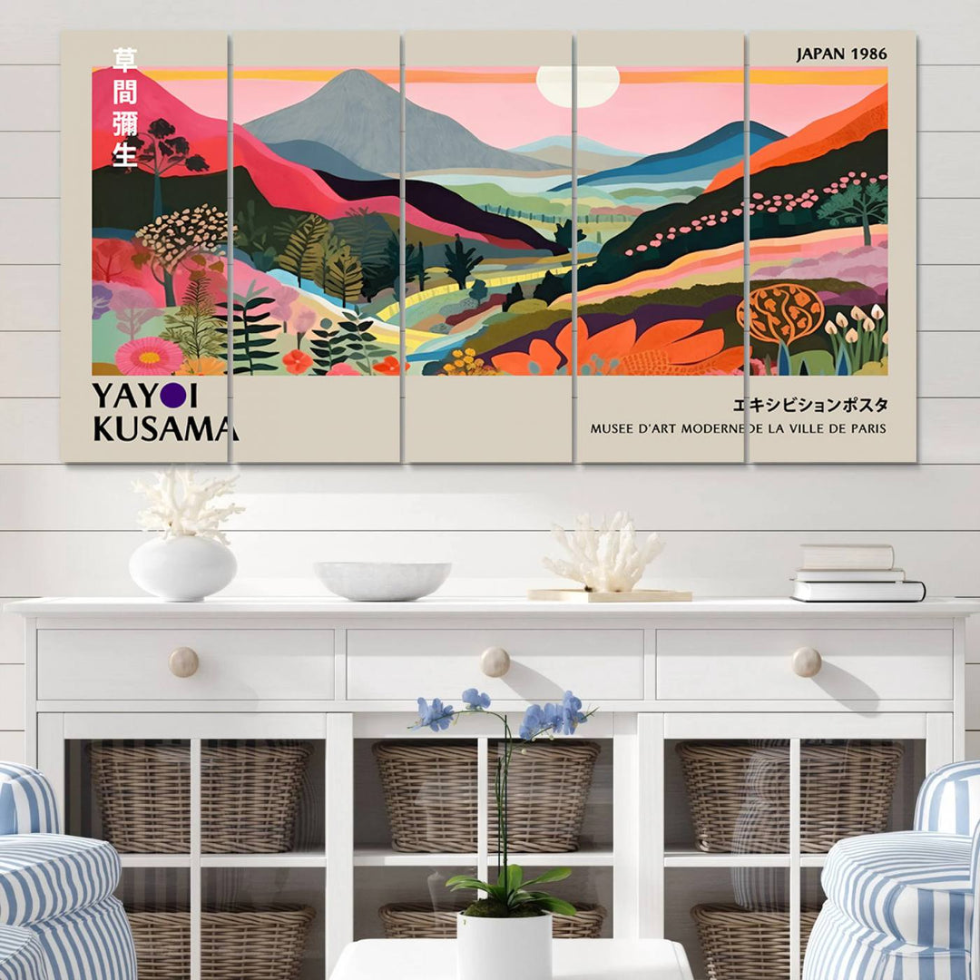 Vibrant abstract landscape canvas inspired by Yayoi Kusama, featuring mountains, trees, and flowers in a triptych style.