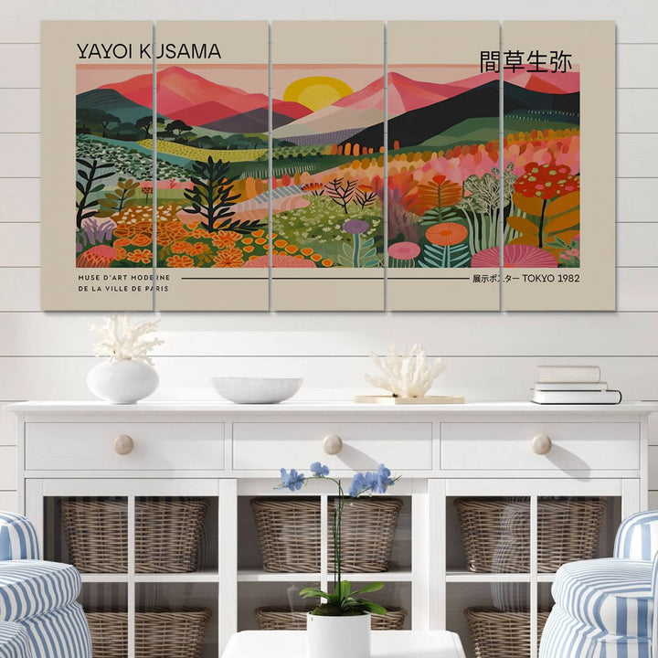 A vibrant abstract triptych features mountains, a sun, and plants in Yayoi Kusamas style with Japanese and French text included.