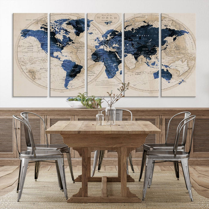 The Vintage Triptych Map Print is a grunge-stained blue and beige world map, perfect for enhancing wall decor.