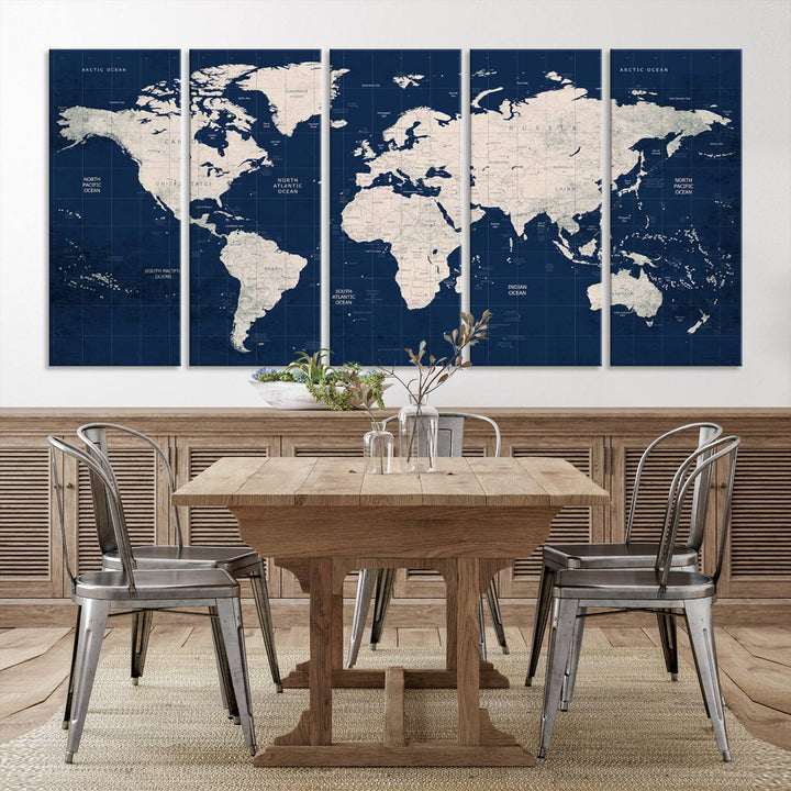 Large modern world map wall art canvas print in beige and navy; showcases a 3-panel vintage map design and is ready to hang.