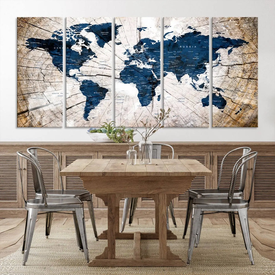 The living room exudes style with the Blue World Map Canvas Wall Art, a rustic-style triptych that's prominently displayed on the wall. This global decor piece adds an elegant touch to the space.