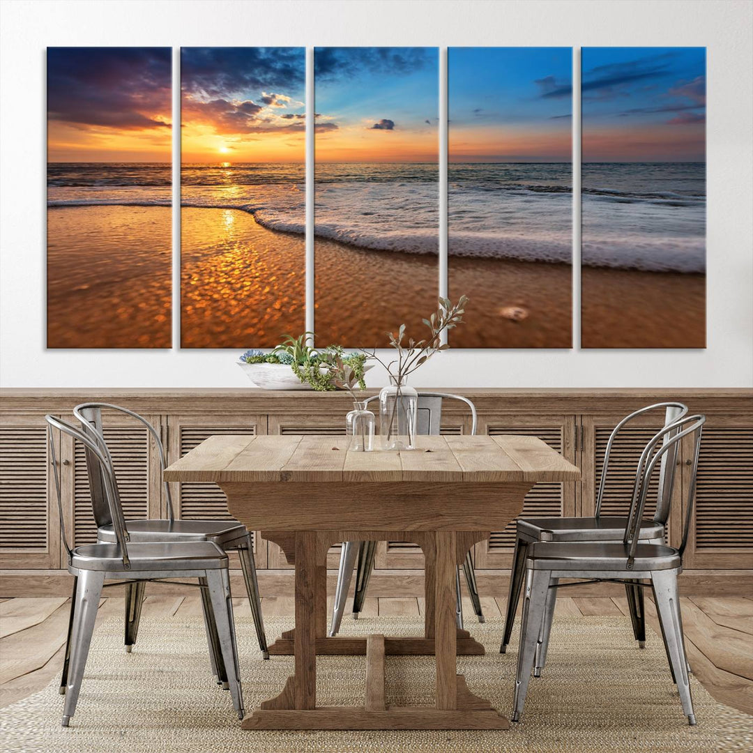 The Golden Sunset Beach Waves Triptych adds a modern coastal touch with its stunning seascape.