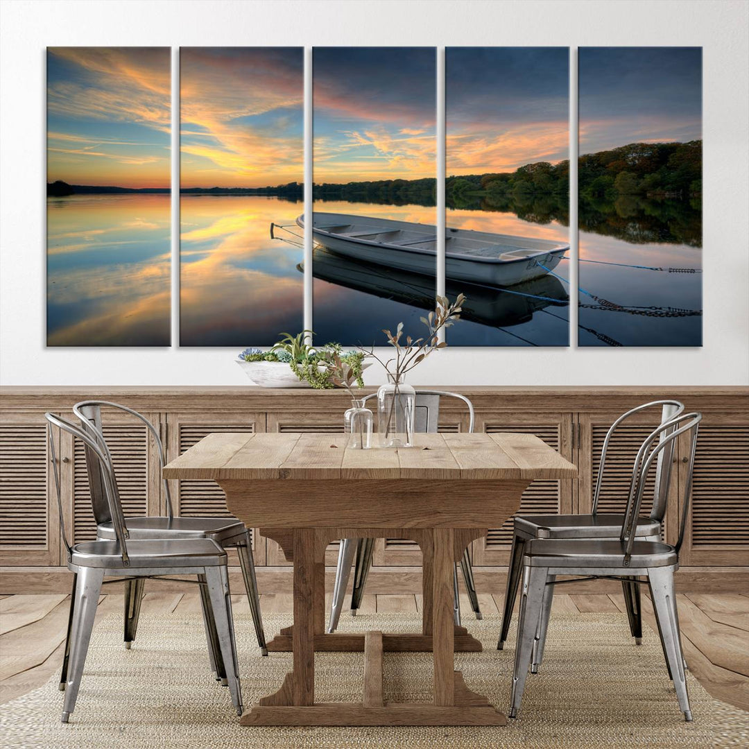 Serene Rowboat on Calm Lake Triptych Canvas Art, Giclee Wall Art of Peaceful Sunset Reflections, Tranquil Landscape Wall Art for Home or Office