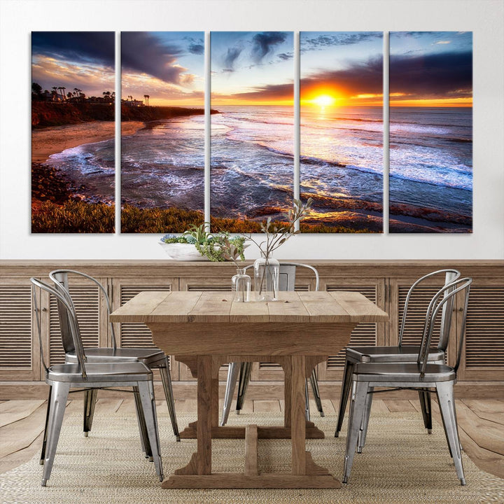 California Coastline Sunset Canvas Art, Ocean Waves Crashing on Cliffs, Giclee Canvas Print for Beach House Decor