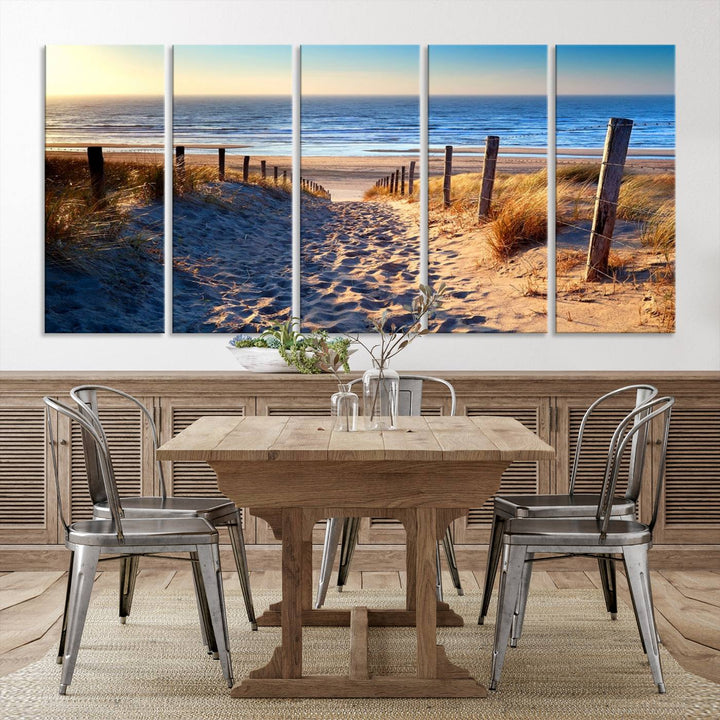 Tropical Beach Sunset Canvas Art, Ocean Waves and Sandy Shoreline Wall Art, Large Beach Decor for Coastal Homes