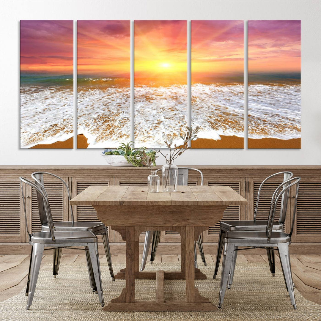 Golden Beach Sunrise 3-panel canvas art of ocean waves, hung on a wooden wall.