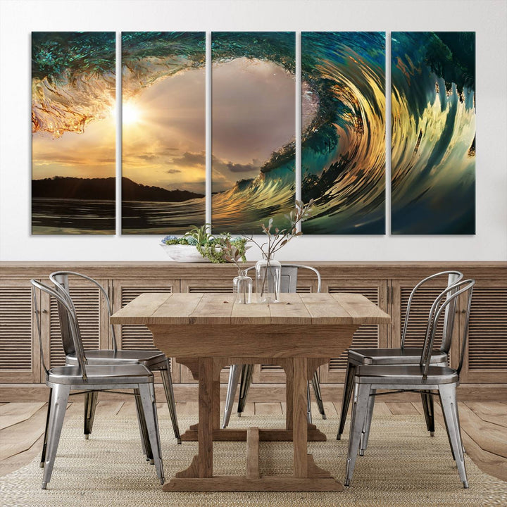 Golden Wave Sunset Giclee Canvas Print – Large Coastal Wall Art for Nature Lovers, Captivating Ocean Wave Decor