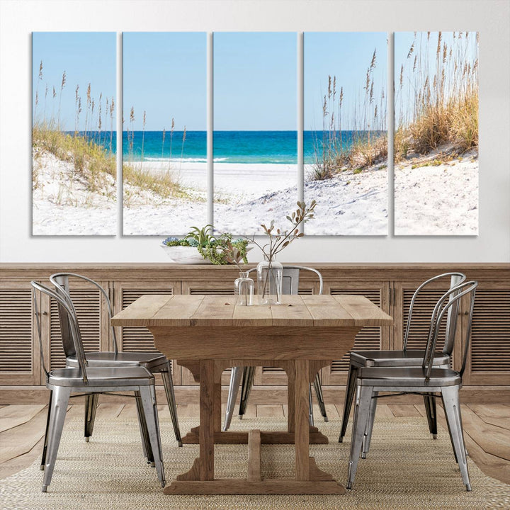 Serene Coastal Dune Path with Ocean View, 3-Panel Beach Canvas Art; tranquil seascape for coastal decor.