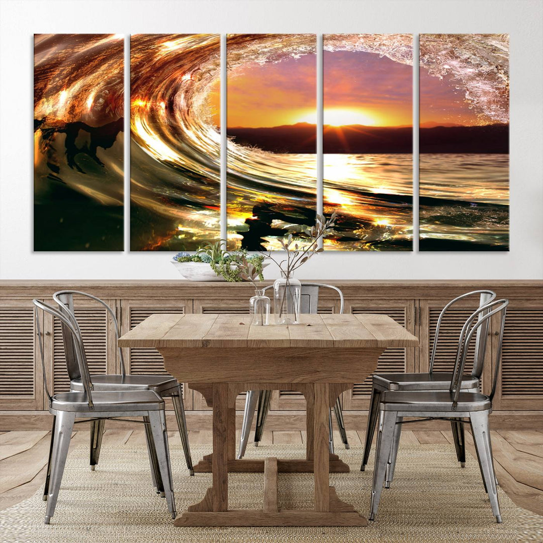 The Golden Wave Sunset Triptych Canvas Art showcases an ocean wave at sunset, casting warm light.