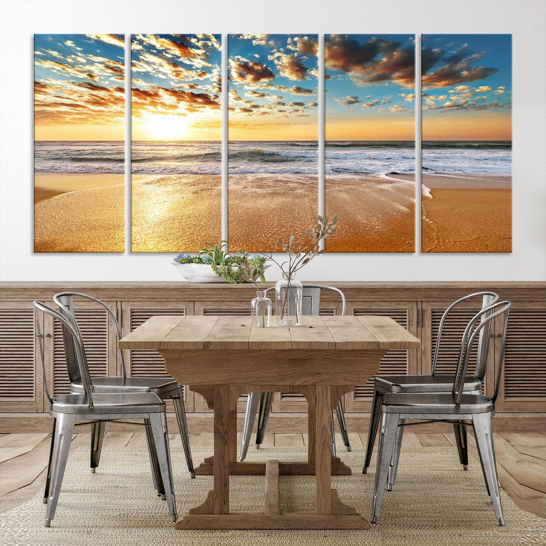 A Golden Sunset Beach giclee triptych canvas hangs prominently.