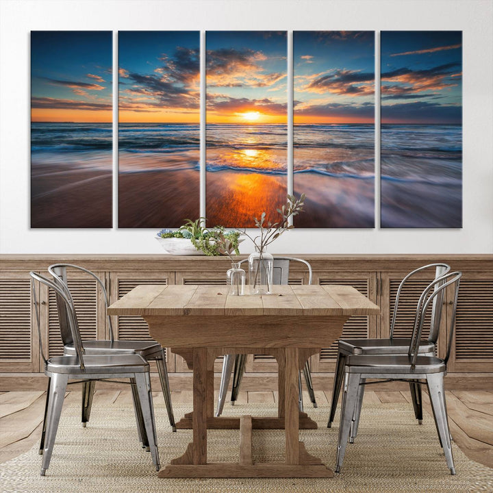 The Sunset on the Ocean canvas adds coastal ambiance to the wooden wall.