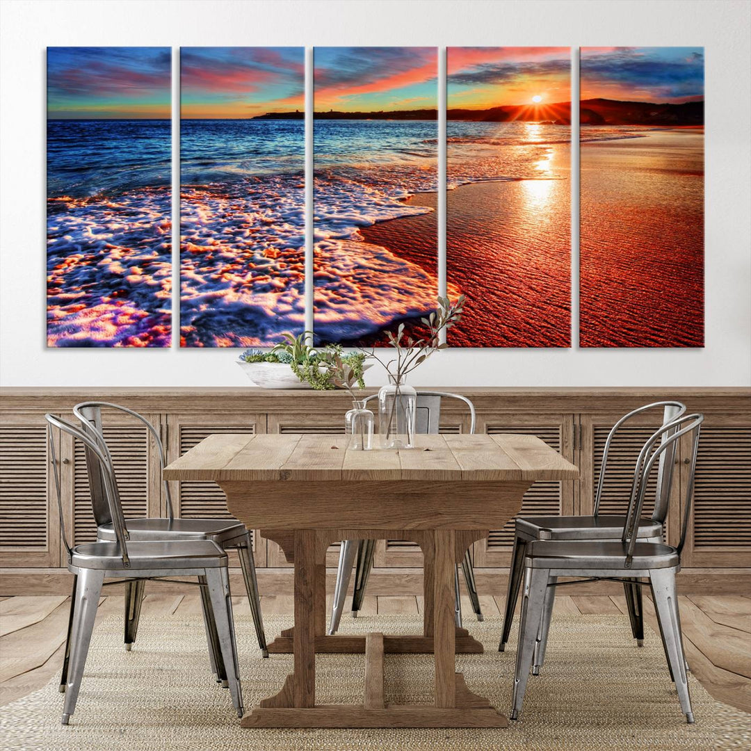 The Colorful Coastal Sunset on the Beach canvas print portrays ocean waves at dusk.