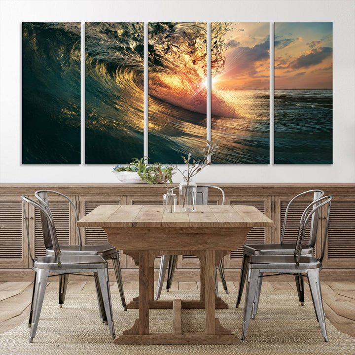 A triptych seascape titled Ocean Wave Sunset Canvas, featuring a stunning ocean view at sunset, is beautifully framed and ready to hang.