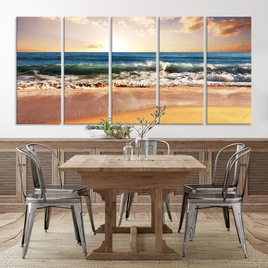 The wall features a Canon-quality Serene Beach Path canvas giclee print, depicting coastal dunes.