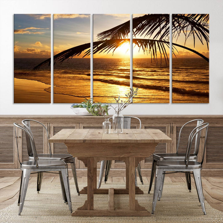 Golden Tropical Beach Sunset Canvas Triptych: Coastal Palm Art & Giclee Print with Gallery Wrap, capturing golden waves.