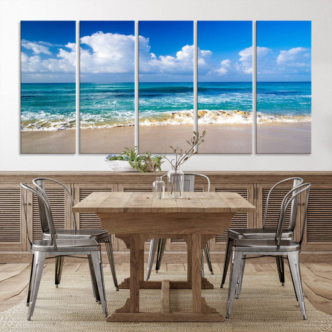 Tropical Beach 3-Panel Canvas Wall Art – Serene Ocean Waves and Blue Sky – Giclée Print for Living Room, Office, or Bedroom Coastal Decor