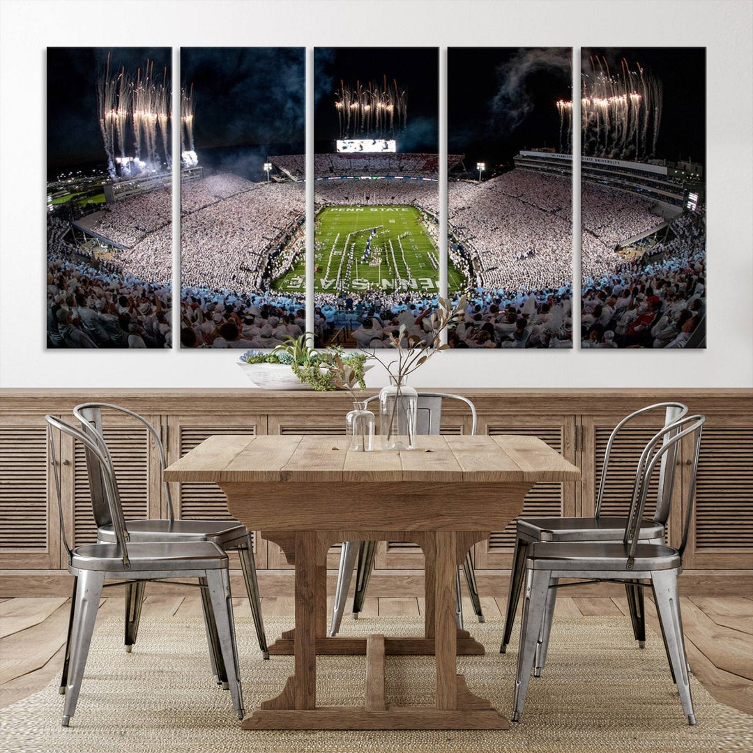 The perfect Penn State Football canvas wall art features a depiction of Beaver Stadium filled with fans in white, with fireworks exploding above.