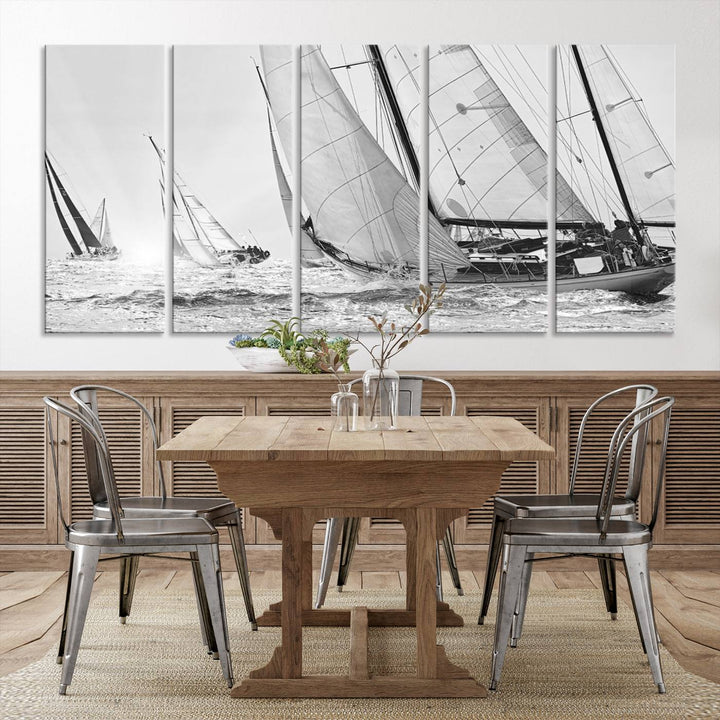 Yacht Sailboat Regatta canvas print on a textured wooden wall.