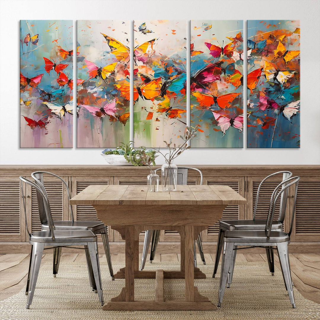 The Abstract Butterfly Wall Art Canvas Print hangs prominently, adding a touch of elegance and creativity to the room.