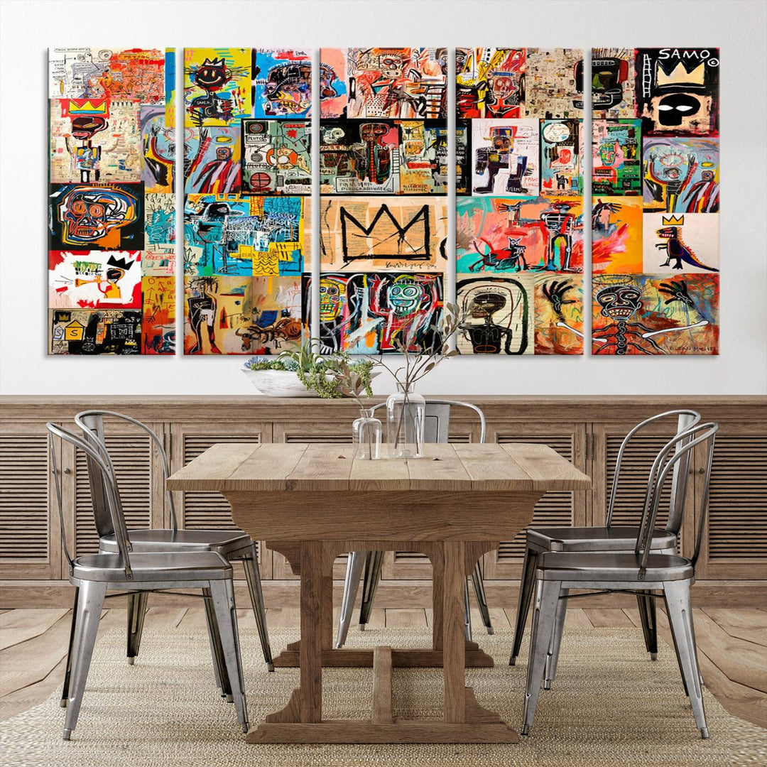 A Basquiat graffiti-style collage adorns the wall.