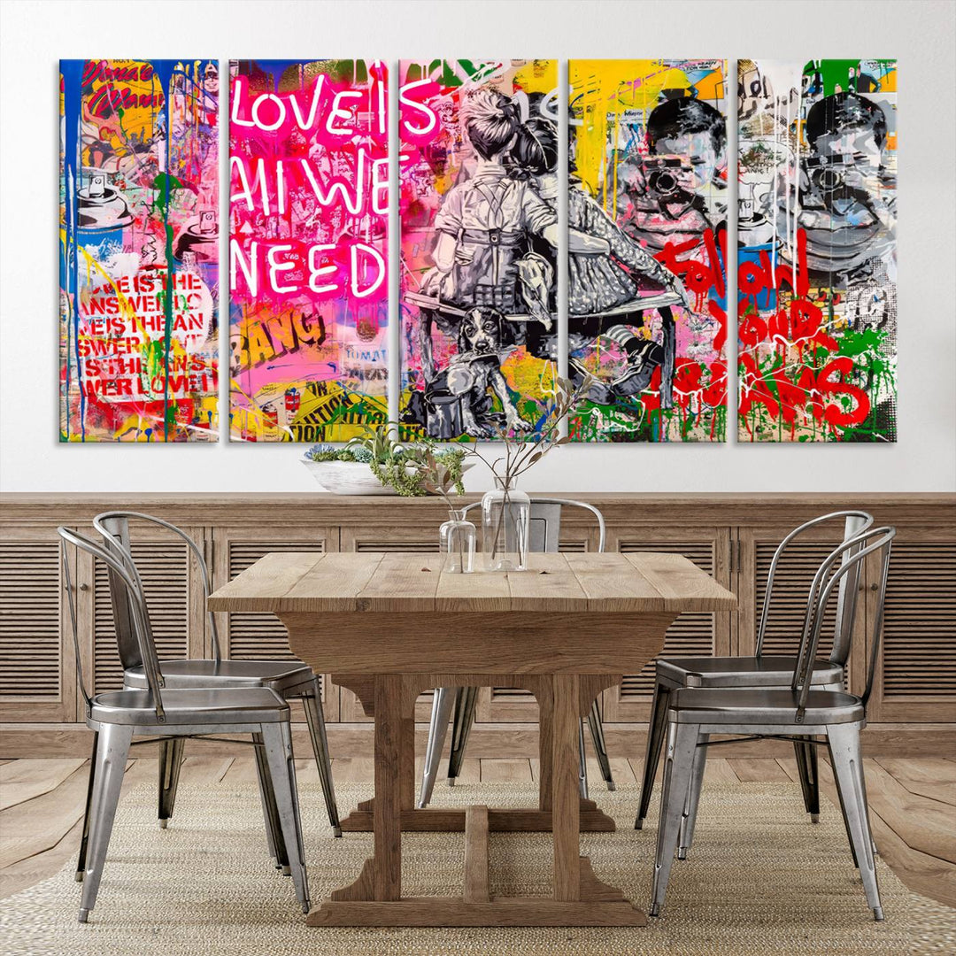 A vibrant and dynamic triptych features distorted horizontal lines, resembling graffiti street art. This artwork conveys the themes of "Follow Your Dreams" and "Love is All We Need" across three colorful panels.