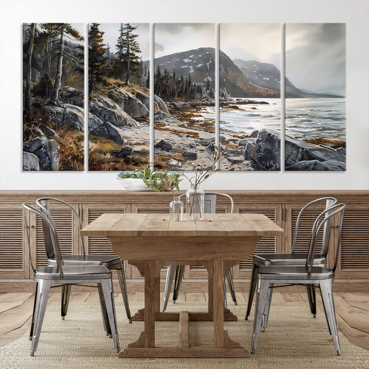 Framed wall art depicting Acadia National Parks rocky coast, trees, mountains, and sunlight over the sea; ready to hang.