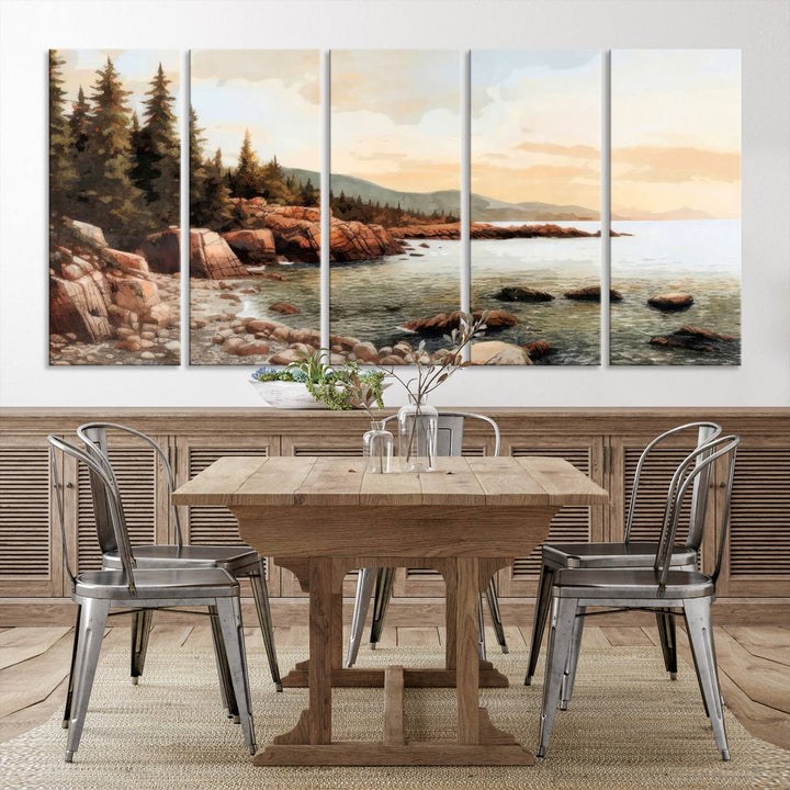 The Serene Coastal View of Acadia National Park 3-panel canvas, framed and ready to hang, adorns the wall.