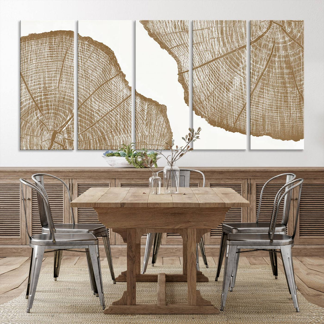 The rustic wall art features two large tree rings, beautifully framed and displayed to create a nature-inspired décor.