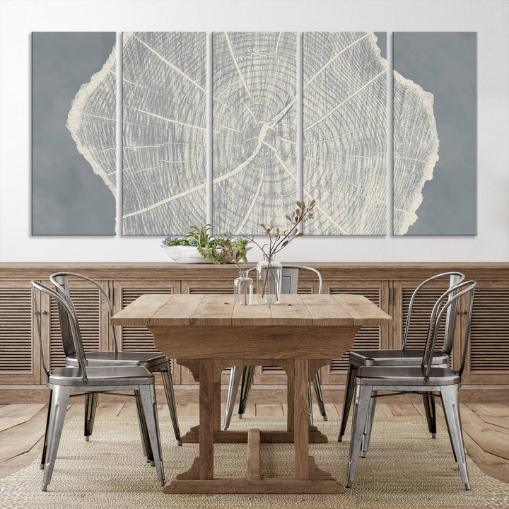 A gray wall displays the Abstract Tree Ring Wall Art print.