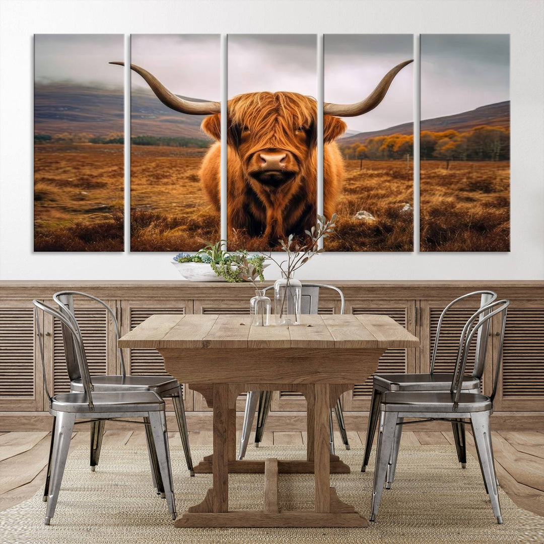 Highland Cow Longhorn Canvas Print, framed, on a wooden wall.