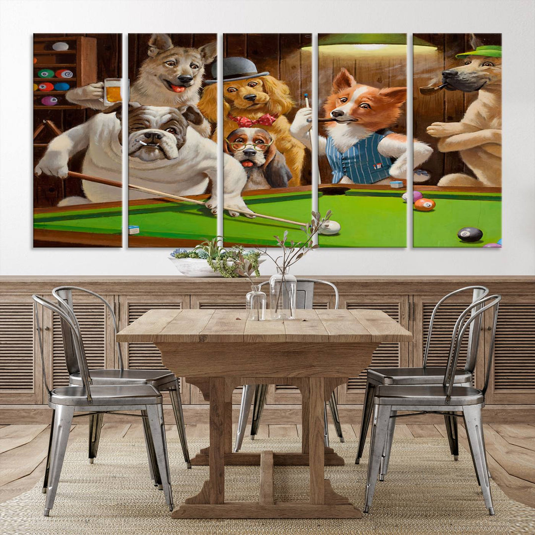 Dogs Playing Pool Canvas Wall Art: This artwork depicts a room where dogs are engaged in a game of pool. One dog is poised to cue while others observe the scene.