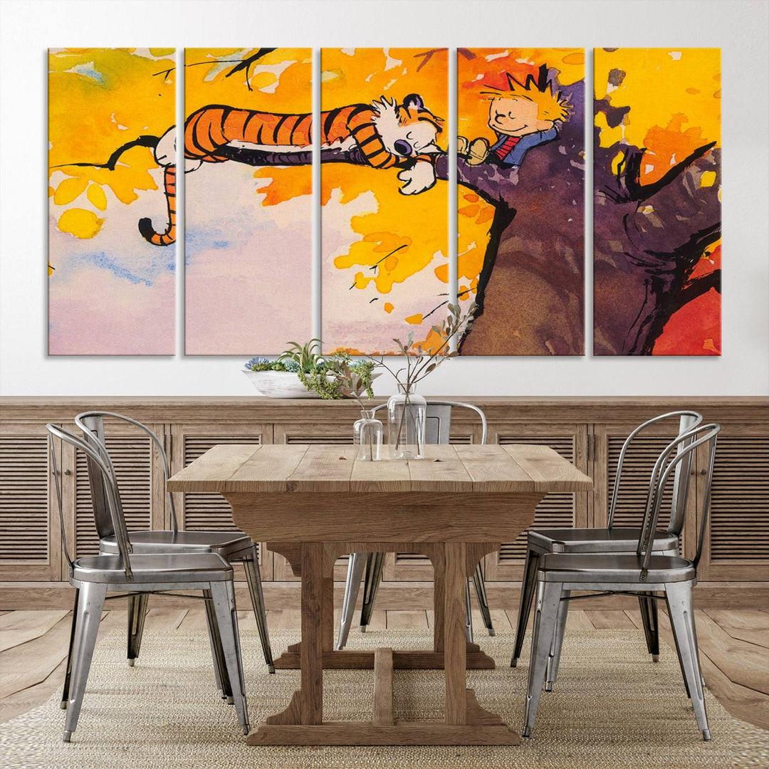 Premium canvas Calvin Wall Arts featuring a boy and tiger relaxing on a branch.